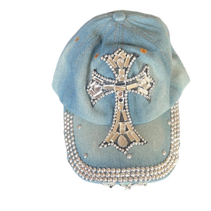 Embellished Denim Cap with Cross Design